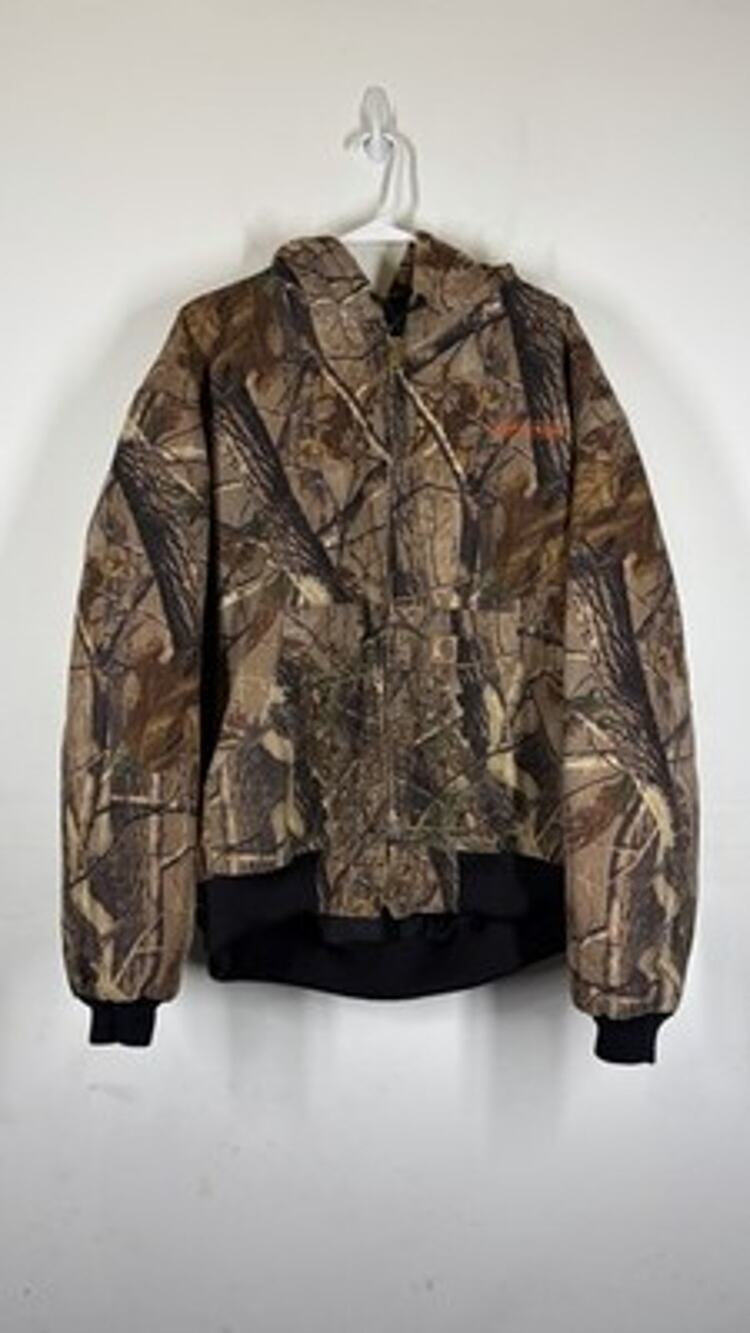 VTG Carhartt RealTree Camo Jacket Hooded Quilted Workwear Company Logo Size XL